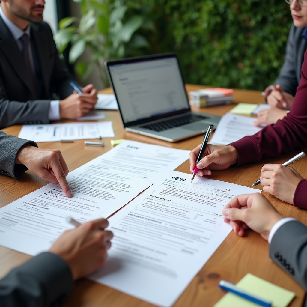 Professional reviewing CV documents at modern workspace